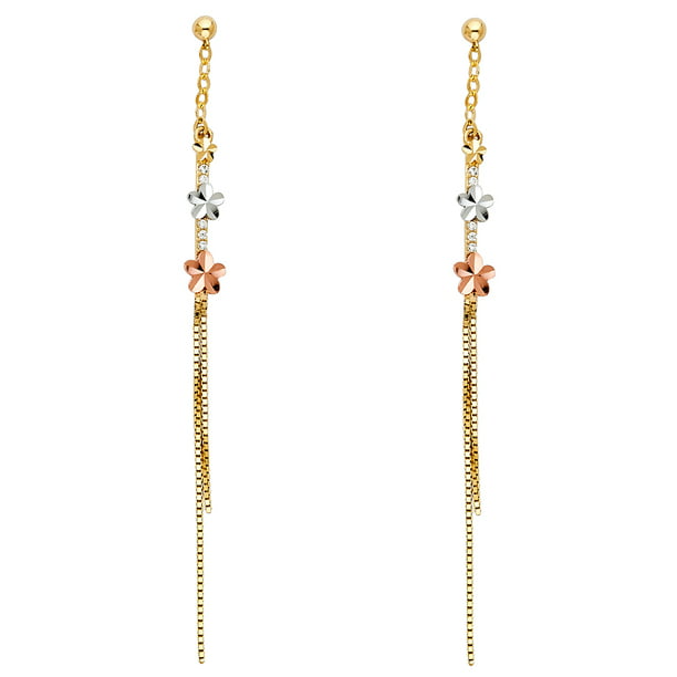 14k Yellow Gold Rose Dangle Earrings Long Chain Flower Hanging Diamond Cut Solid 